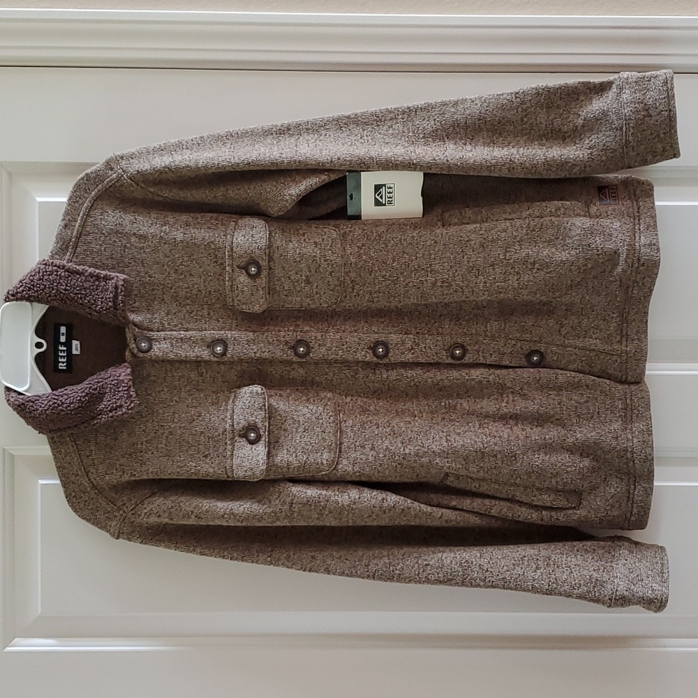 Mens REEF Knit Sweater Fleece Top Jacket Size Small Coriander Sherpa Collar NWT